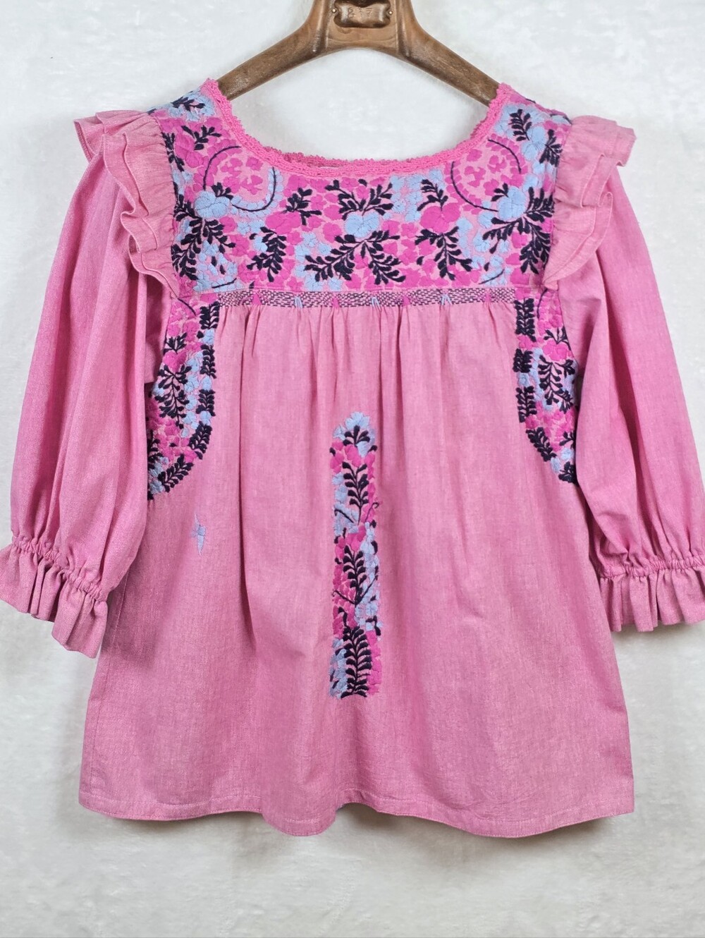 Mi Golondrina Pink Floral Embroidered Blouse Sz.S Peasant Ruffle Balloon Sleeve